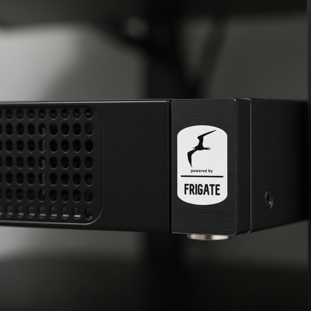 Frigate NVR sticker on rack mount server