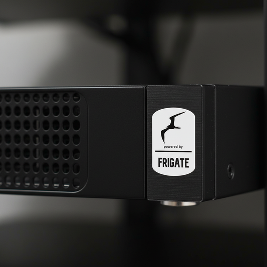 Frigate NVR sticker on rack mount server
