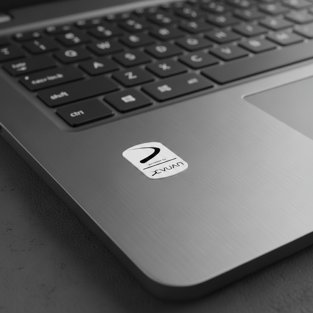 Small Devuan sticker on laptop palm rest